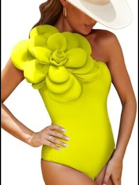 SHEIN Lime One-Shoulder Floral Appliqué One-Piece Swimsuit